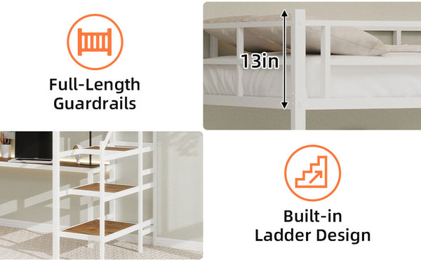 English Elm Loft loft bed with L-shaped desk, built-in storage stairs, 360° guardrail, sturdy iron frame for small rooms White W1935S00004