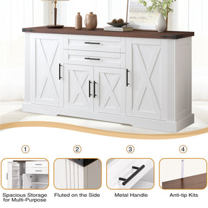 English Elm 63" Farmhouse Barn Door Storage Cabinet with Anti-Tip Safety, Quiet Drawers, Adjustable Shelf & Metal Handles White W2917P319121