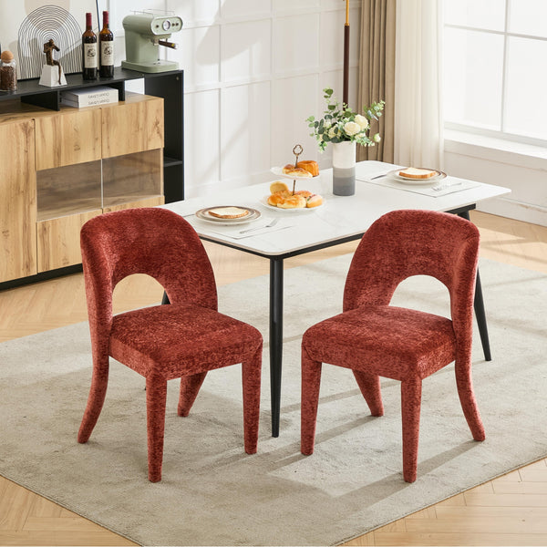 English Elm Rose Chenille Dining Chair Set of 2 with Hollow Backrest, Iron Frame, KD Assembly, Comfortable Cushion, 300lb Capacity W3615P340349