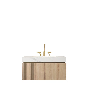 English Elm Muri Floating Bathroom Vanity with Oak Woodgrain Cabinet and Sintered Stone Top W2615S00632