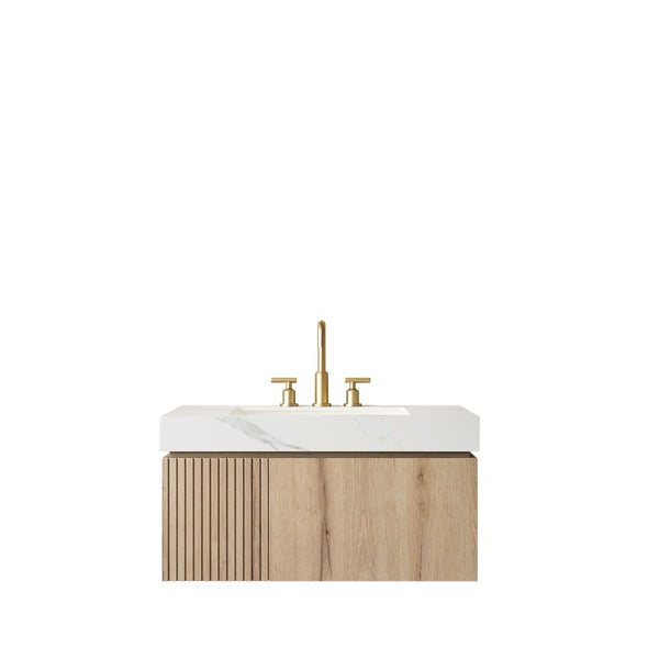 English Elm Muri Floating Bathroom Vanity with Oak Woodgrain Cabinet and Sintered Stone Top W2615S00632
