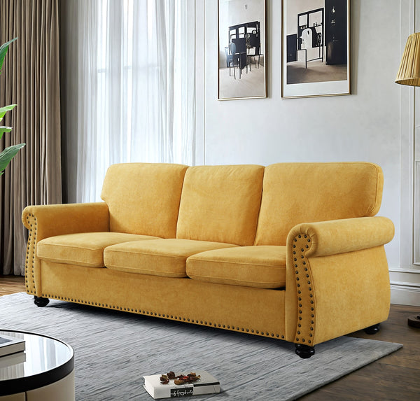 English Elm Soft Velvet Sofa - Luxurious 3-Seater Velvet Couch with High-Density Foam, Turned Wood Legs, Chic Lounge Cozy Modern Design Mustard yellow B2735P292317