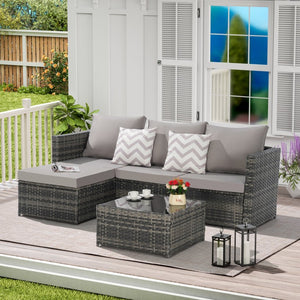 English Elm 2 Piece Outdoor Rattan Sectional Set with Ottoman and Glass Top Coffee Table Light Gray W874P264736