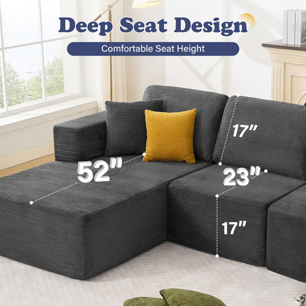 English Elm 109" Cloud Modular Sectional Corduroy Sofa Deep Seat L-shape Chaise for Living Room Grey W1521S00090