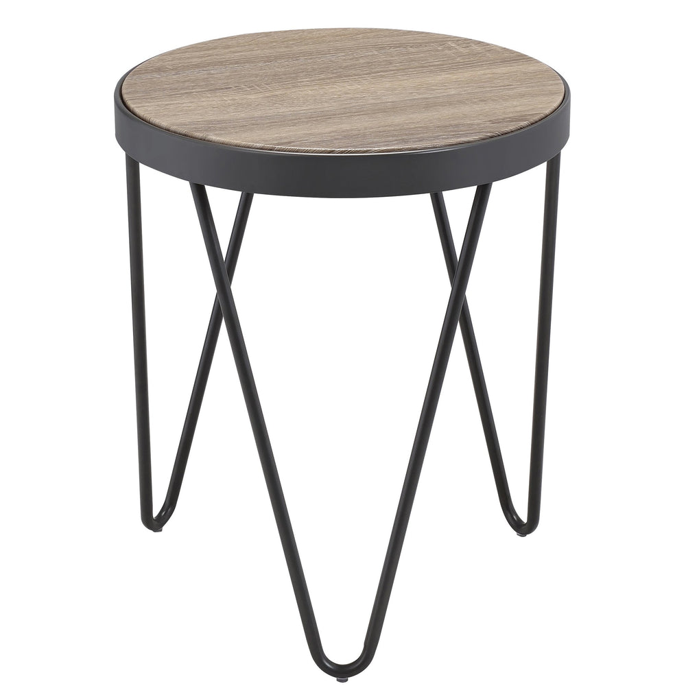 English Elm Weathered Grey Oak Round End Table with Black Metal Trim & Hairpin Legs — Rustic Chic Accent Table B062P186467