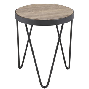 English Elm Weathered Grey Oak Round End Table with Black Metal Trim & Hairpin Legs — Rustic Chic Accent Table B062P186467
