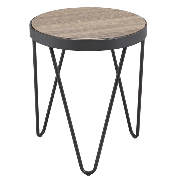 English Elm Weathered Grey Oak Round End Table with Black Metal Trim & Hairpin Legs — Rustic Chic Accent Table B062P186467