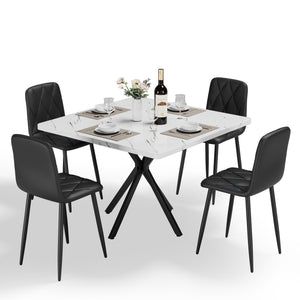 English Elm Square MDF Dining Set for 4 with Faux Marble Top, Mid-Century Modern Iron Legs, Easy-Clean Surface White+Black W578S00024