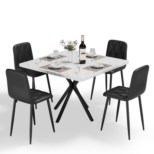 English Elm Square MDF Dining Set for 4 with Faux Marble Top, Mid-Century Modern Iron Legs, Easy-Clean Surface White+Black W578S00024