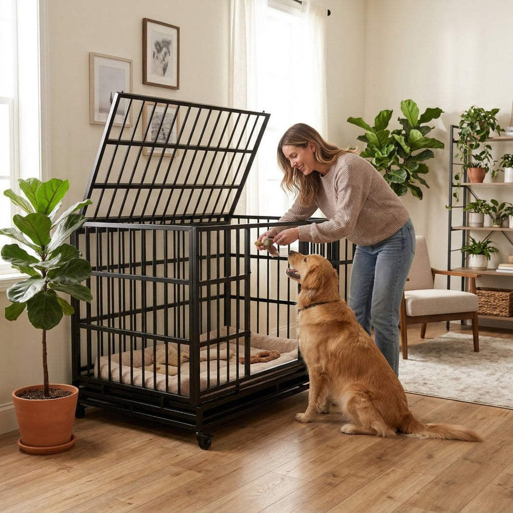 English Elm 48 Inch Steel Dog Crate on Wheels Foldable Heavy Duty Cage with Removable Tray W347P421329