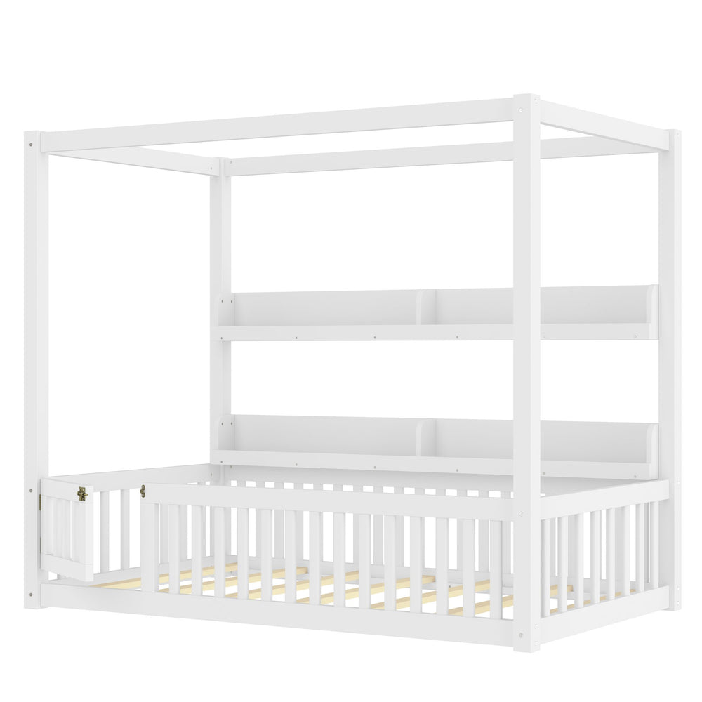 English Elm Twin House Floor Bed with Door and Full-Length Guardrails, Solid Wood Double Twin Floor Bed for Kids' Playful Rooms Light White W1580P359327