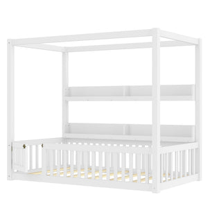 English Elm Twin House Floor Bed with Door and Full-Length Guardrails, Solid Wood Double Twin Floor Bed for Kids' Playful Rooms Light White W1580P359327