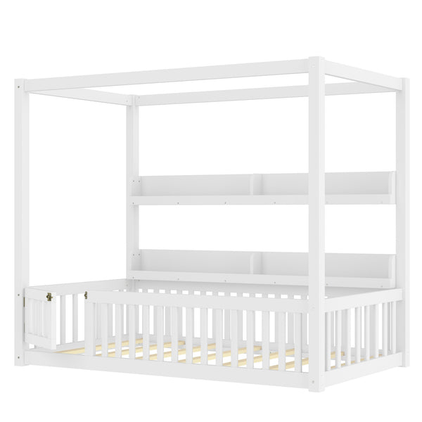 English Elm Twin House Floor Bed with Door and Full-Length Guardrails, Solid Wood Double Twin Floor Bed for Kids' Playful Rooms Light White W1580P359327