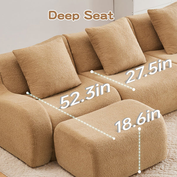 English Elm 4-Seat Boneless Sofa with Plush Teddy Fabric, No Assembly, Curved Armrests, Anti-Slip, Durable Fill Camel W714S01435