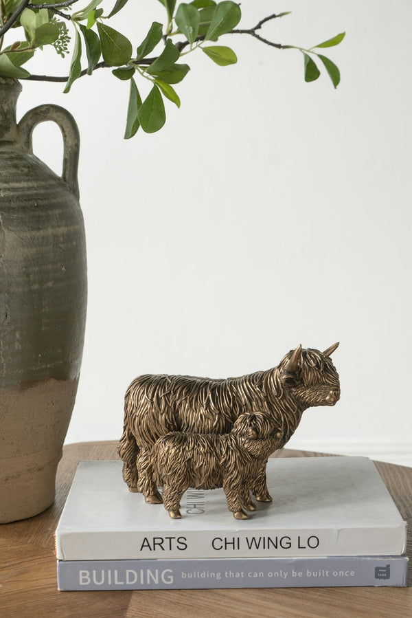 English Elm 7.5x4.5x5.5" Lifelike Highland Cow & Calf Figurine in Antique Bronze Finish — Detailed Rustic Home Accent W2078P392260