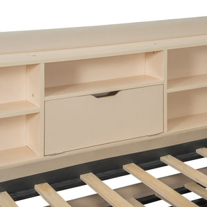 English Elm Twin Upholstered Daybed with Pull-Up Trundle, Velvet High Back with Shelves, Flip Storage & USB Beige SF000194AAA