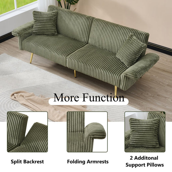 English Elm 79 Corduroy Sofa Bed Foldable Double Convertible Sleeper with Folding Armrests for Compact Living Rooms Green W2290P250574