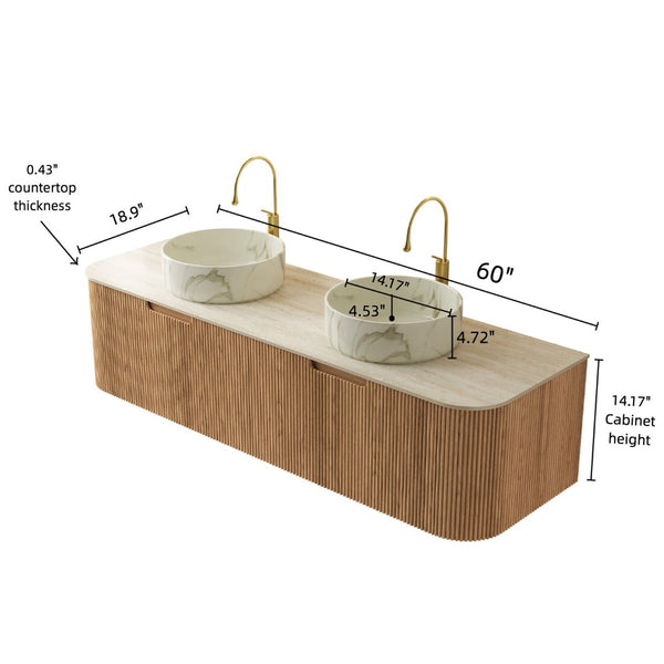 English Elm Dina 60 Inch Floating Bathroom Vanity Sintered Stone Top Dual Glass Basins Wood Grain Beige,Natural Wood,White W2615S00511