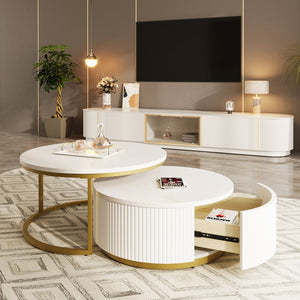 English Elm Modern Round Nesting Coffee Table Set with Fluted MDF Top, Hidden Drawer & Gold Pedestal Bases Enhances Style Golden+White CH325939AAK
