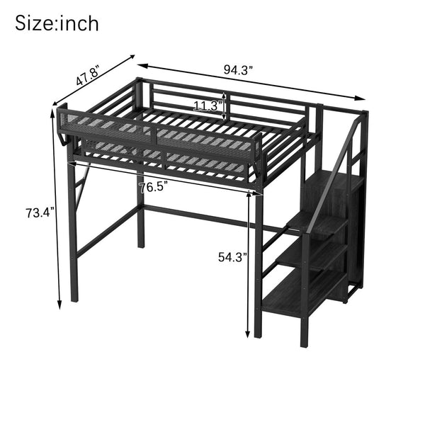 English Elm Twin Metal High Loft Bed with Staircase Storage Wardrobe for Kids and Teens Black W2580S00060