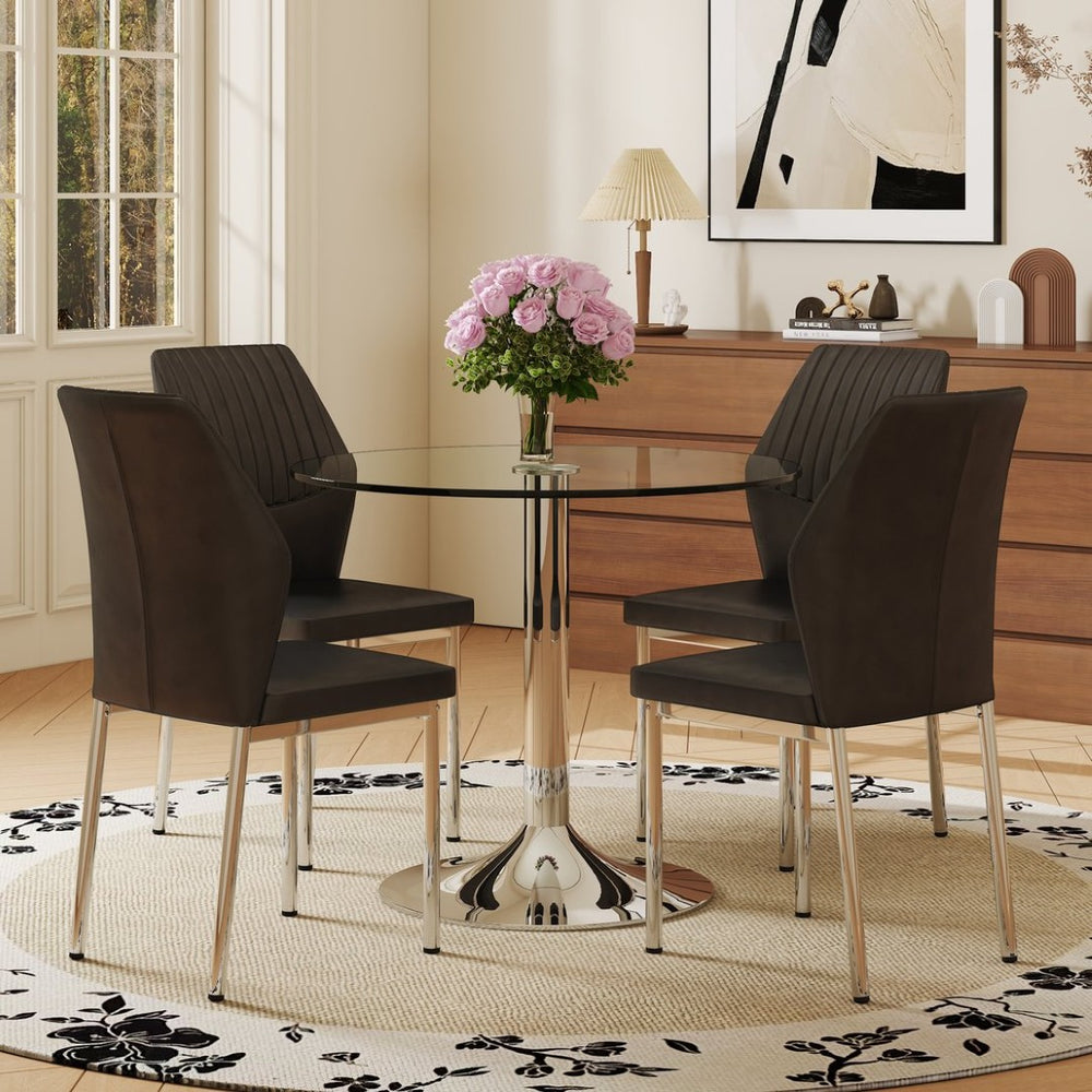 English Elm Table Set: 35" Round Transparent Glass Dining Table With 4 Black Pu Chairs & Silver Metal Legs W1151S03704-GIGA
