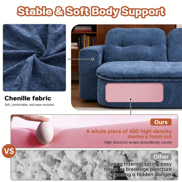 English Elm Modern Curved Floor Sofa Bed with 2 Pillows, No Assembly, High-Density Foam, Foldable Quilt Storage Dark Blue W3565P371223