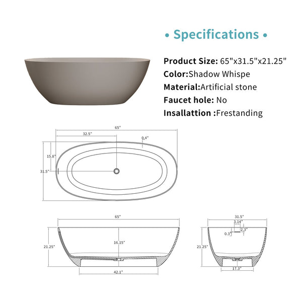 English Elm 65'' Resin Stone Freestanding Soaking Tub Ergonomic Matte White Spa Bath Beige W2753P340402