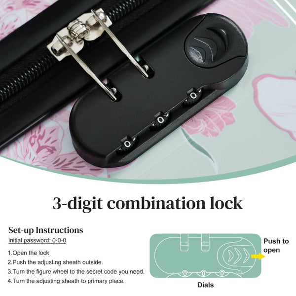English Elm 6 Piece Hardshell Abs Travel Set with Spinner Wheels Combination Lock and Toiletry Bag Green & Pink Flower N732P391160F