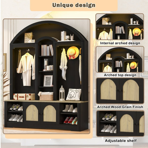 English Elm Multi-functional Hall Tree with Mdf Body Open Shelves Hooks and Scandinavian Two-tone Style Black+Natural SJ000158AAB