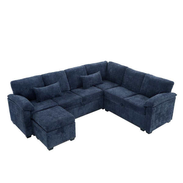 English Elm 97 Inch L-shaped Chenille Sectional Sofa with Sleeper Storage Ottoman 7 Seats Dark Blue W1669S00019