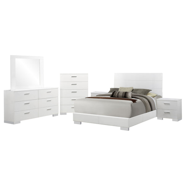 English Elm August Modern Glossy White 6-Piece Bedroom Set With Polished Chrome Accents For Stylish Storage Solutions B062S00965