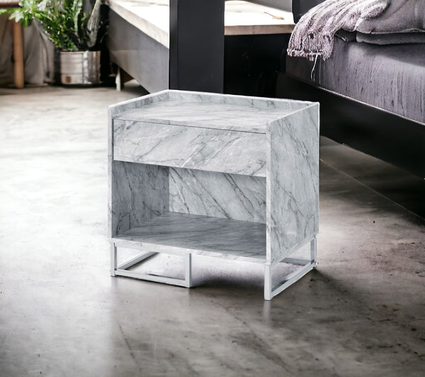 English Elm Azrael White Faux Marble Top Accent Table with Chrome Metal Base, Drawer & Open Storage, 100lb Limit B2726P340578