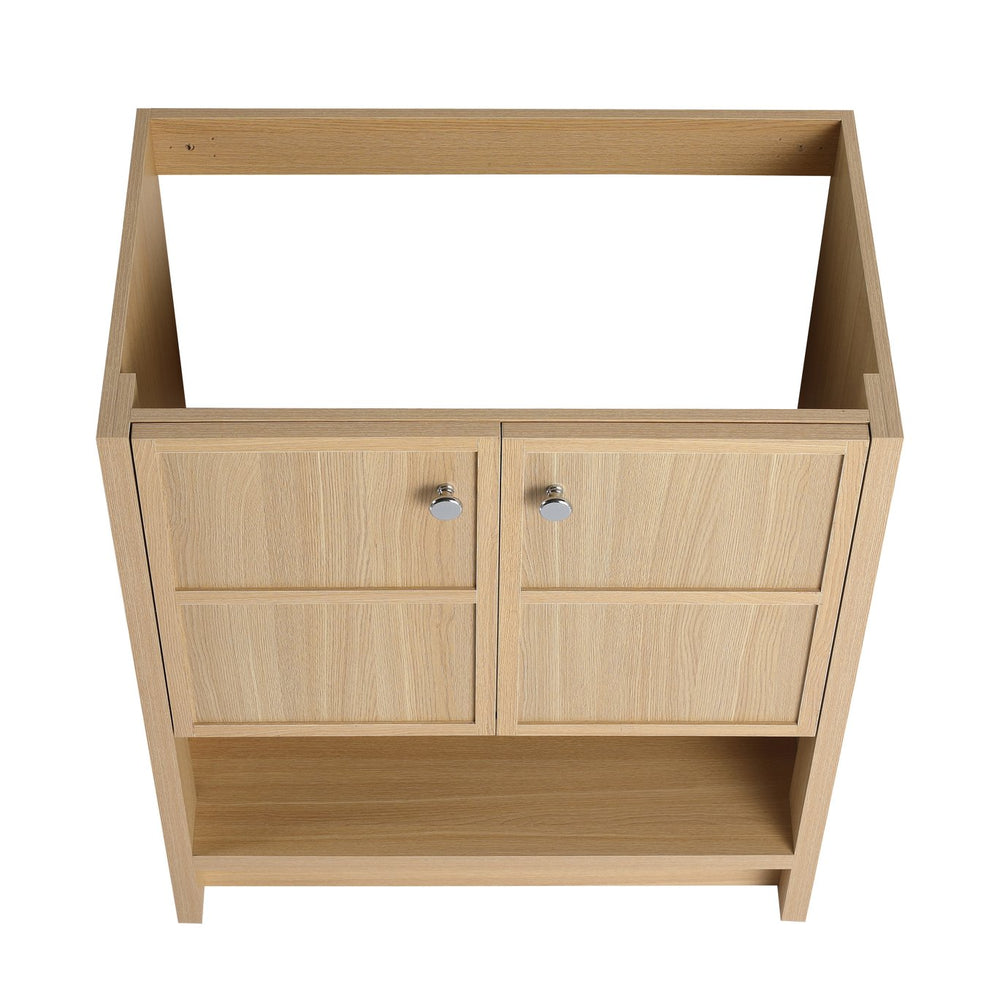 English Elm 30" Freestanding modern oak bathroom vanity with integrated basin, soft-close doors & open shelf storage, plywood construction W1972P268403