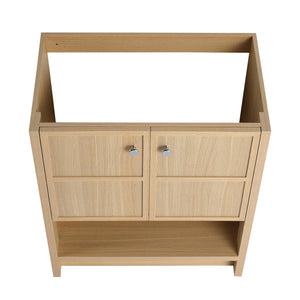 English Elm 30" Freestanding modern oak bathroom vanity with integrated basin, soft-close doors & open shelf storage, plywood construction W1972P268403