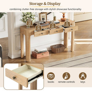 English Elm Trexm Rustic Oak Entryway Console Table with Three Drawers and Rounded Rubberwood Legs N715P361525D