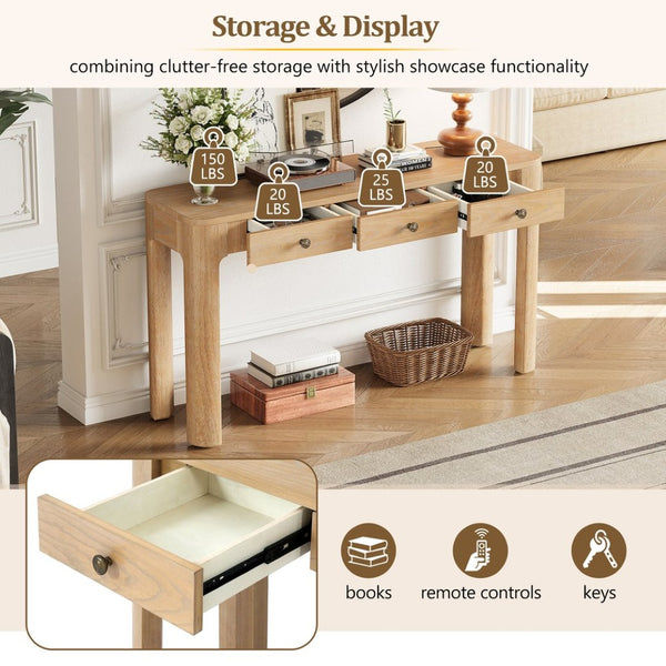 English Elm Trexm Rustic Oak Entryway Console Table with Three Drawers and Rounded Rubberwood Legs N715P361525D