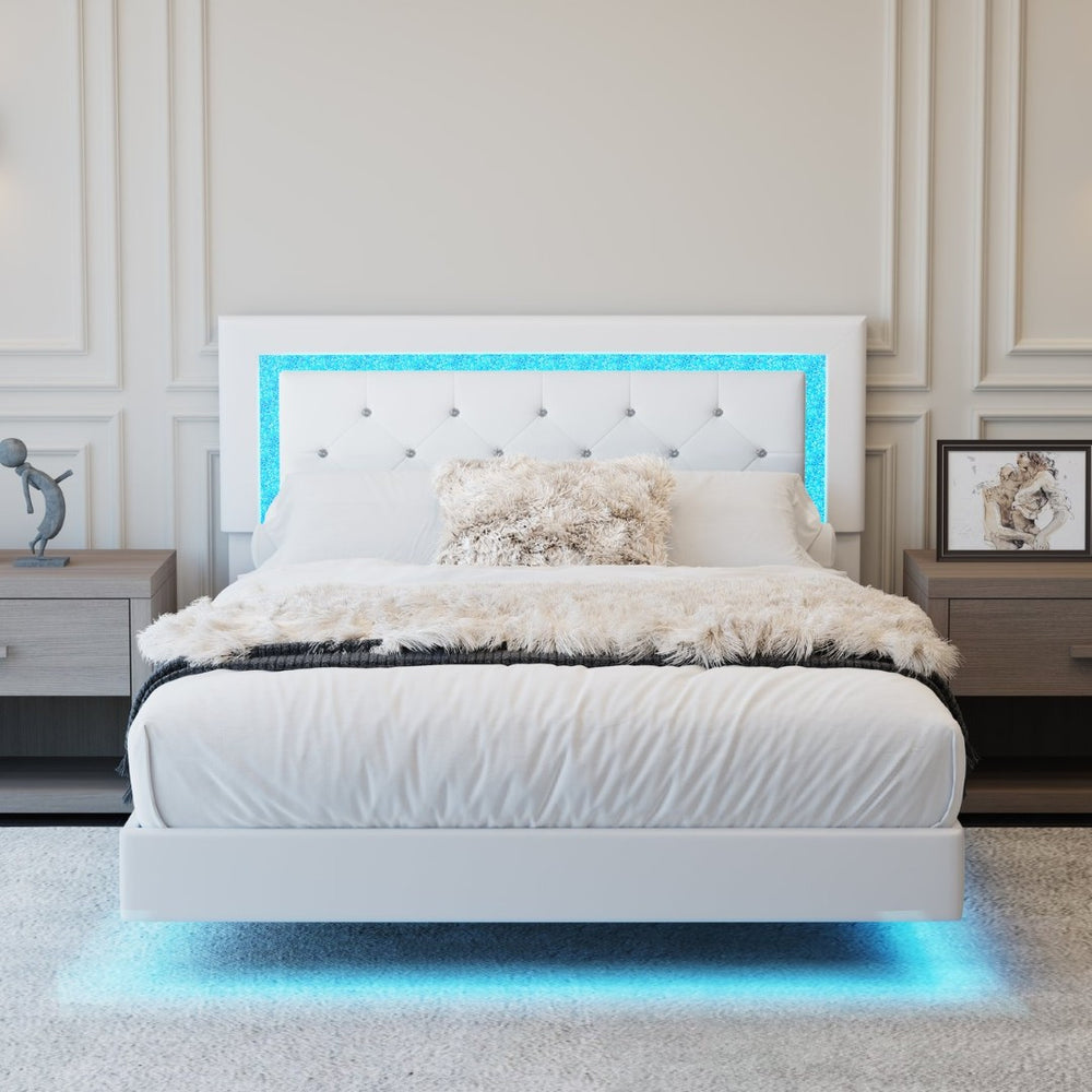 English Elm Full Size Floating Platform Bed Tufted Upholstered Headboard with Rgb Led Underlighting Beige W3107P419262