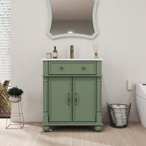 English Elm 27.8" Mid-century Freestanding Bathroom Vanity with Ceramic Sink Drawer and Wood Base Green W1801S00007