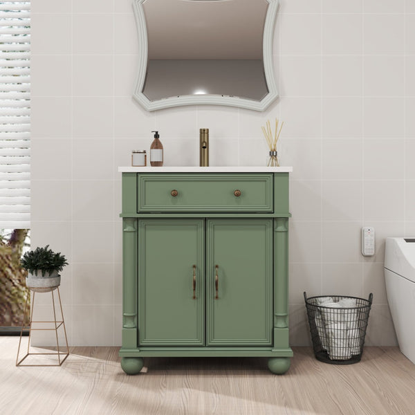 English Elm 27.8" Mid-century Freestanding Bathroom Vanity with Ceramic Sink Drawer and Wood Base Green W1801S00007