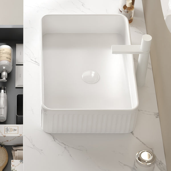 English Elm 20'' Ceramic Vessel Sink 20'' Rectangular Striped Basin Glossy French-Style Rim Durable Easy-Clean White W2615P193350