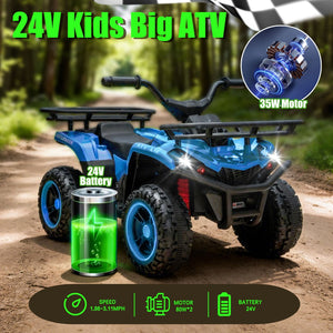 English Elm 24v Dual Motor Kids Atv Ride on with Led Lights Bluetooth Storage Racks Off Road Blue W1578P390449