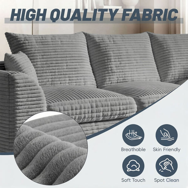 English Elm Modular Cloud Sectional Corduroy Sofa with Reversible Chaise and Memory Foam Comfort Grey W5638S00006