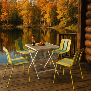 English Elm 4-Pack Modern Striped Color Block Chairs with 55" Long Table — Waterproof PP Seats, Rustproof Metal Frame Grain Yellow,Haze Green,khaki,Tropical Orange,White W3450S00041
