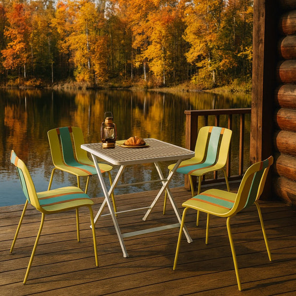 English Elm 4-Pack Modern Striped Color Block Chairs with 55" Long Table — Waterproof PP Seats, Rustproof Metal Frame Grain Yellow,Haze Green,khaki,Tropical Orange,White W3450S00041