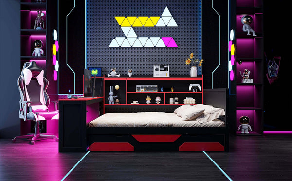 English Elm Queen Gaming Bed Frame with Desk Led Lighting Storage Drawers and Bookcase Headboard Black+Red LP000290AAJ
