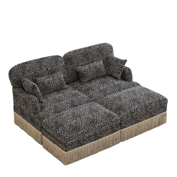 English Elm Comfy Chenille Leopard Print Loveseat with Tassel Trim and Movable Ottoman Modules Khaki W5656S00021