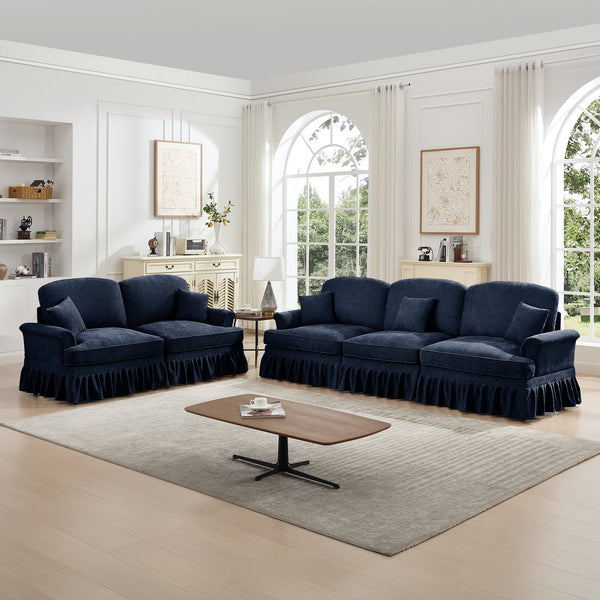 English Elm Classic 2-Piece Modular Sofa Set - Elegant Chenille Couch With Ruffled Skirts & Flared Arms, Blue W3041S00258