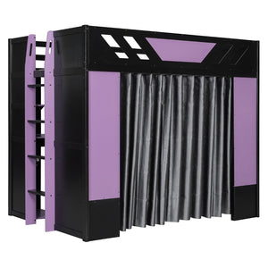 English Elm Full Size Loft Bed with Desk Blackout Curtains Rgb Lighting and Integrated Storage Purple+Black LT000377AAI