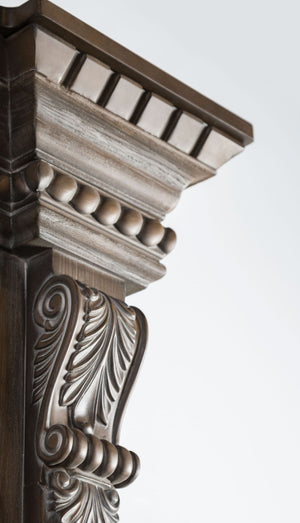 English Elm Formal Weathered Panel Queen Bed with Carved Dentil Moldings, Reeded Posts and Rustic Finish Oak 83 L x 13 W x 6 H B2741S00742