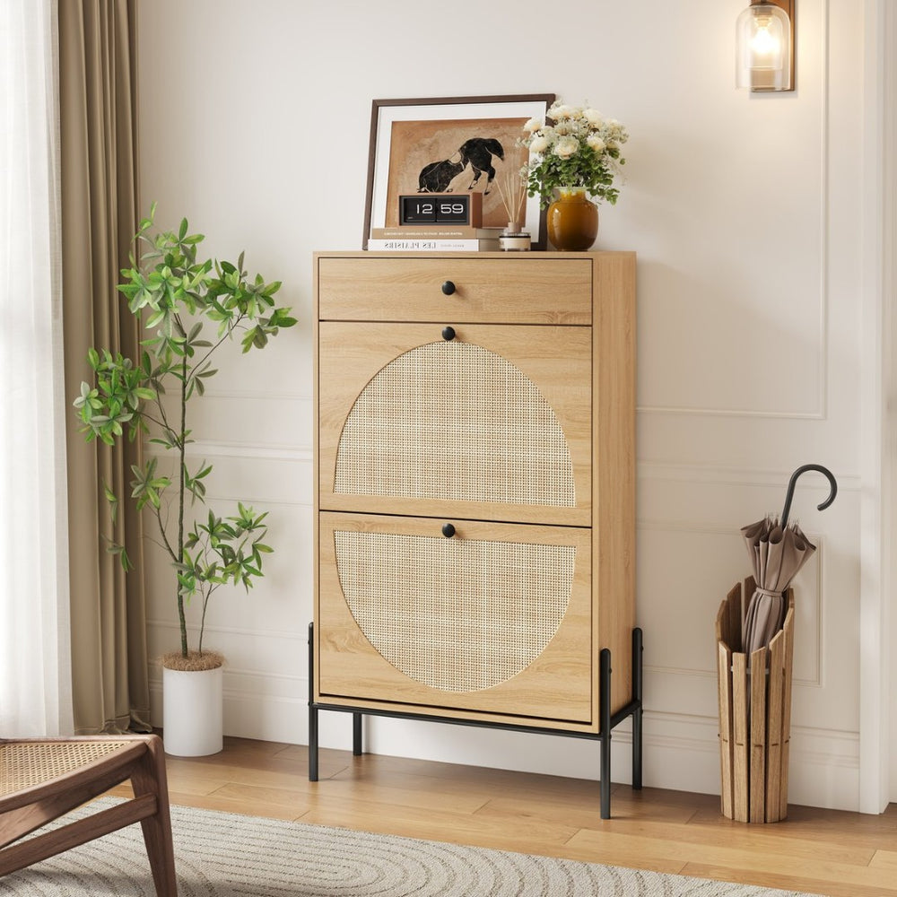 English Elm 2-door Rattan Front Shoe Cabinet Slim Wood Entryway Organizer with Drawer Open Shelf W5221P417193
